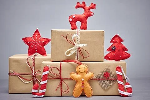 Gift boxes handcraft stack, Christmas decorations Stock Photos