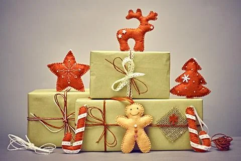 Gift boxes handcraft stack, gingerbread. Christmas 写真素材