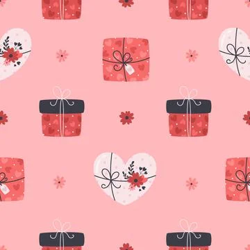 Gift boxes with hearts seanless pattern. Love, wedding, Valentines day Stockillustratie