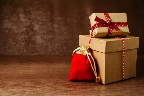 Gift boxes for holidays. Christmas composition. Decoration. Wooden background 写真素材