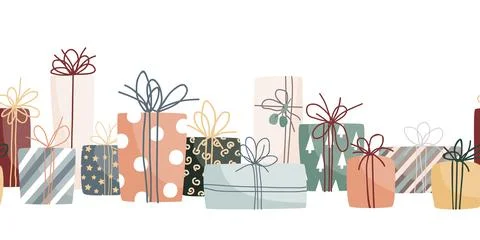 Gift boxes horizontal border. Xmas seamless pattern. Vector flat illustration Illustrazione stock