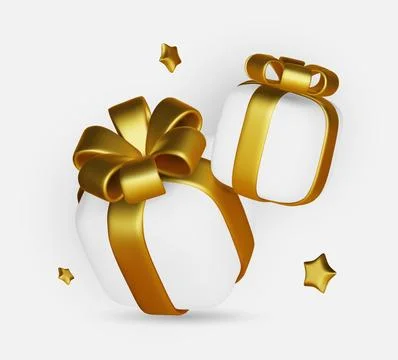 Gift boxes isolated on white. 3d white gift boxes with golden ribbon and bow Stock Illustration