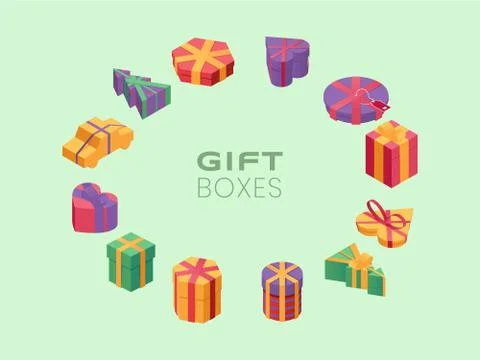 Gift boxes isometric vector color frame. Christmas festive background with 3d Stock Illustration