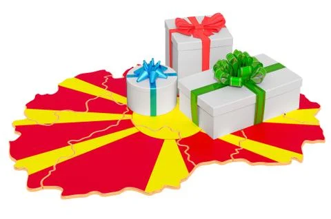 Gift boxes on the Macedonian map. Christmas and New Year holidays in Macedoni Stock Illustration