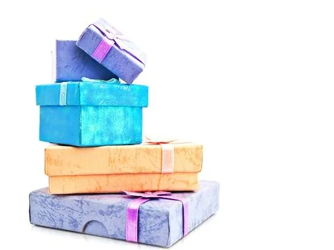Gift Boxes Multicolored Gift Boxes Stack With Bow Against White Background... 스톡 사진