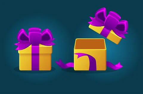 Gift boxes open and closed with purple bow for games. Stock Illustration