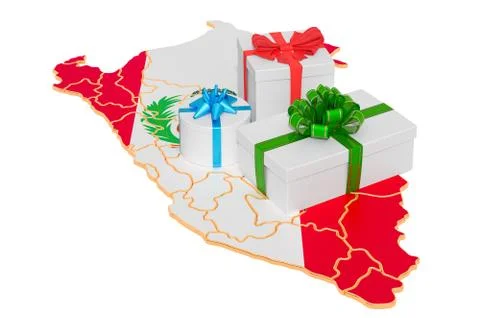 Gift boxes on the Peruvian map. Christmas and New Year holidays in Peru conce Illustrazione stock