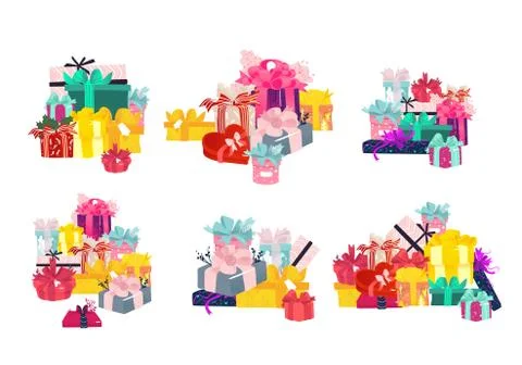 Gift boxes in piles collection - stacks of wrapped colorful present packages 스톡 일러스트