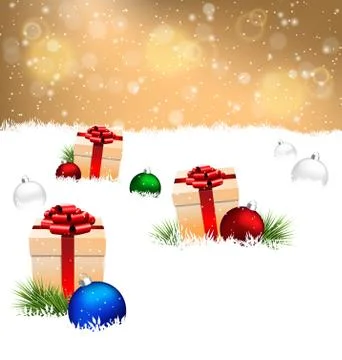 Gift boxes with pine and Christmas balls on snow on gold Stock Illustration