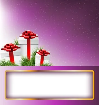 Gift boxes with pine and frame on violet Stock Illustration