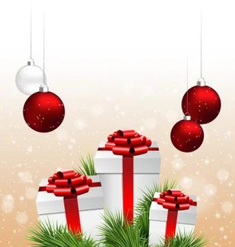 Gift boxes with pine branches and Christmas balls on beige Stock Illustration