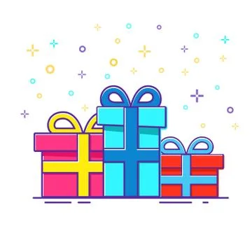 Gift boxes present, greeting, surprise. Flat vector. Stock Illustration