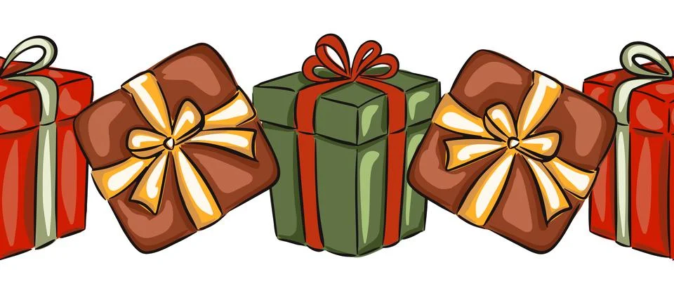 Gift boxes presents seamless border line, edging ribbon design for Christmas Stock Illustration