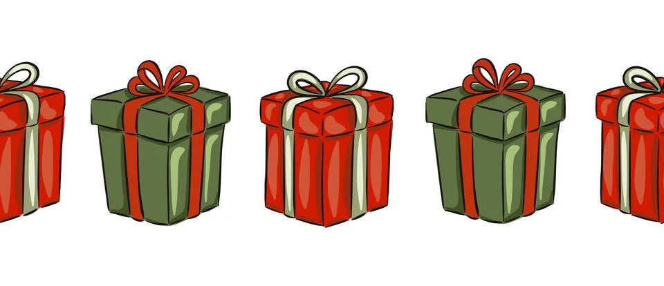 Gift boxes presents seamless border line, edging ribbon design for Christmas Stock Illustration