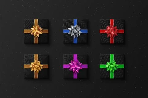 Gift boxes with realistic bows, vector set on dark background. Stock Illustration