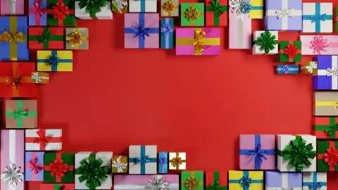 Gift boxes on red background with central negative space. Flat lay, top down  Stock Illustration