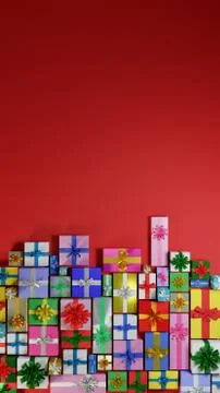 Gift boxes on red background. Flat lay, top down vertical design. Digital 3D  Stock Illustration