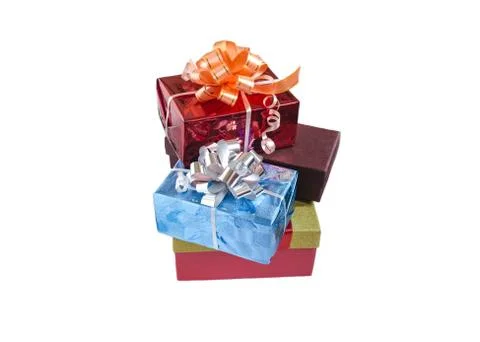 Gift boxes red blue yellow colorful decor side view Stock Photos