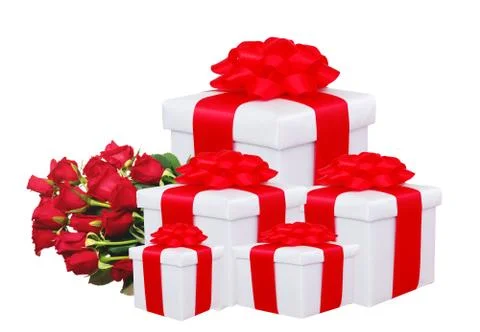 Gift boxes with red bow and red roses isolated on white Stock Photos