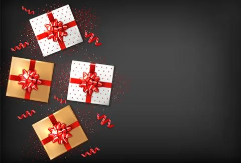 Gift boxes with red bow Vector realistic. Dark background confeti sparkle. Pr 스톡 일러스트