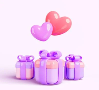 Gift boxes with red heart shape balloons on pink background 3d render. Wedding Illustrazione stock