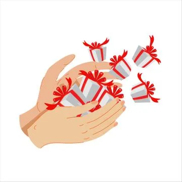 Gift boxes with red ribbon scattering to the sides from hands. Stock Illustration
