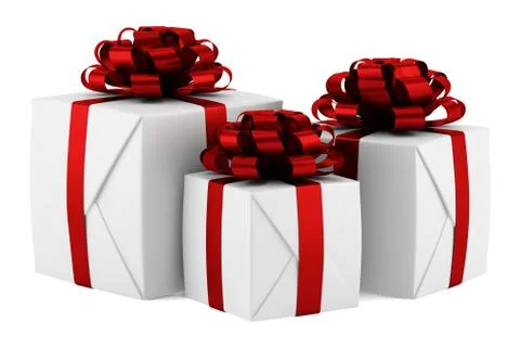 Gift boxes with red ribbons isolated on white background Stock Illustration