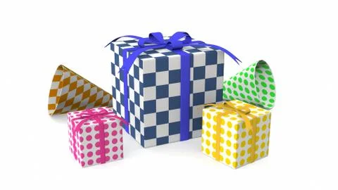 Gift boxes, with ribbon. 3D rendering. Stock Illustration