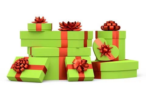 Gift boxes with ribbon and bow isolated on white background. greeting design Illustrazione stock