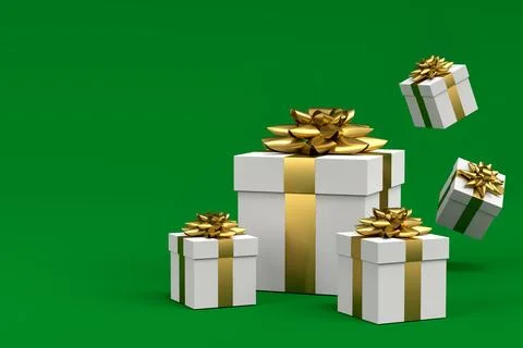 Gift boxes with ribbon and bow for Merry Christmas flying and falling on green Stockillustratie