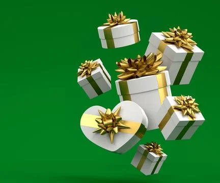 Gift boxes with ribbon and bow for Merry Christmas flying and falling on green Stock Illustration