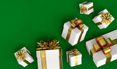 Gift boxes with ribbon and bow for Merry Christmas flying and falling on gree イラスト素材