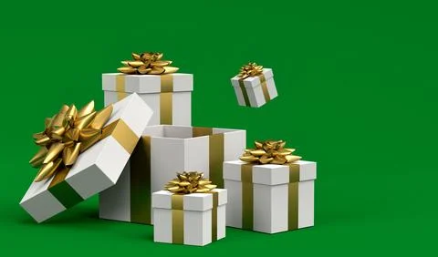 Gift boxes with ribbon and bow for Merry Christmas flying and falling on gree Stock Illustration