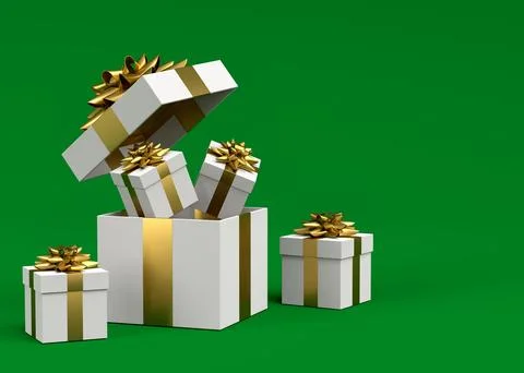 Gift boxes with ribbon and bow for Merry Christmas flying and falling on gree Stockillustratie