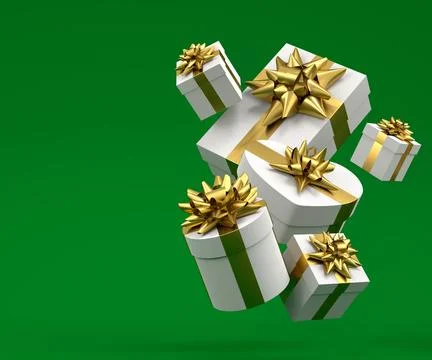 Gift boxes with ribbon and bow for Merry Christmas flying and falling on gree Stock Illustration