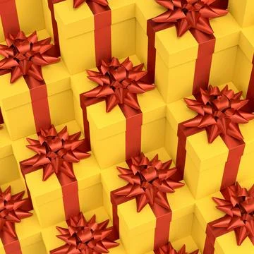 Gift boxes with ribbon and bow for Merry Christmas flying and falling on red 스톡 일러스트