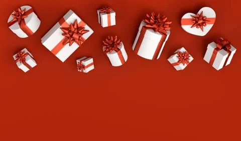 Gift boxes with ribbon and bow for Merry Christmas flying and falling on red 스톡 일러스트