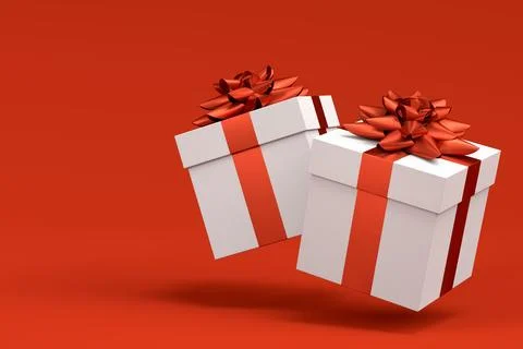 Gift boxes with ribbon and bow for Merry Christmas flying and falling on red 스톡 일러스트