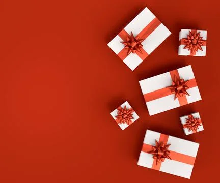 Gift boxes with ribbon and bow for Merry Christmas flying and falling on red 스톡 일러스트