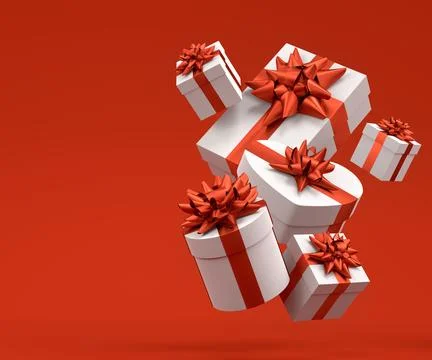 Gift boxes with ribbon and bow for Merry Christmas flying and falling on red Stock Illustration