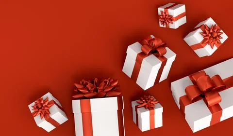 Gift boxes with ribbon and bow for Merry Christmas flying and falling on red 스톡 일러스트