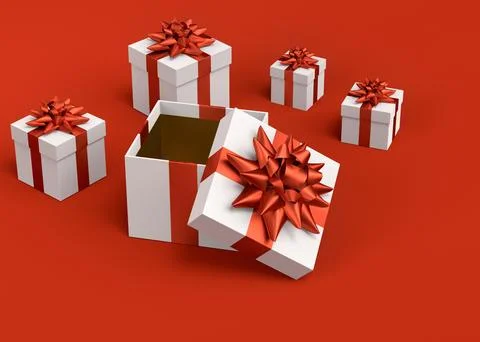 Gift boxes with ribbon and bow for Merry Christmas flying and falling on red Stock Illustration