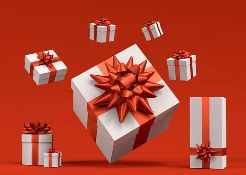 Gift boxes with ribbon and bow for Merry Christmas flying and falling on red Stockillustratie