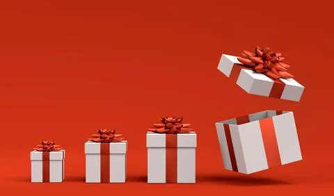 Gift boxes with ribbon and bow for Merry Christmas flying and falling on red 스톡 일러스트