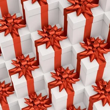 Gift boxes with ribbon and bow for Merry Christmas flying and falling on red 스톡 일러스트