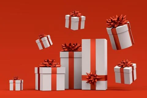 Gift boxes with ribbon and bow for Merry Christmas flying and falling on red Stock Illustration