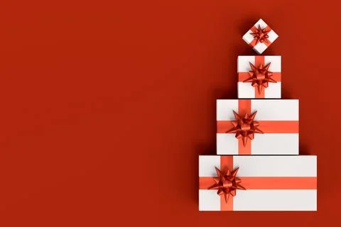Gift boxes with ribbon and bow for Merry Christmas flying and falling on red Stock Illustration