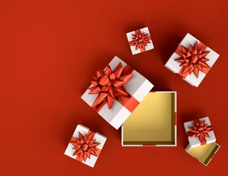 Gift boxes with ribbon and bow for Merry Christmas flying and falling on red Stock Illustration
