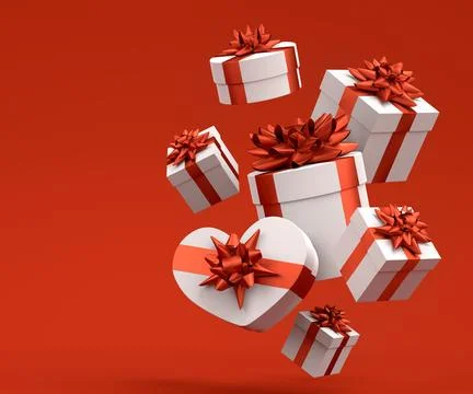Gift boxes with ribbon and bow for Merry Christmas flying and falling on red Stock Illustration