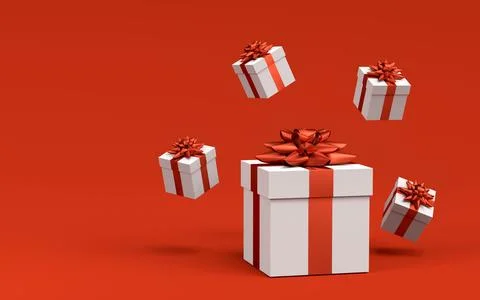 Gift boxes with ribbon and bow for Merry Christmas flying and falling on red Stock Illustration